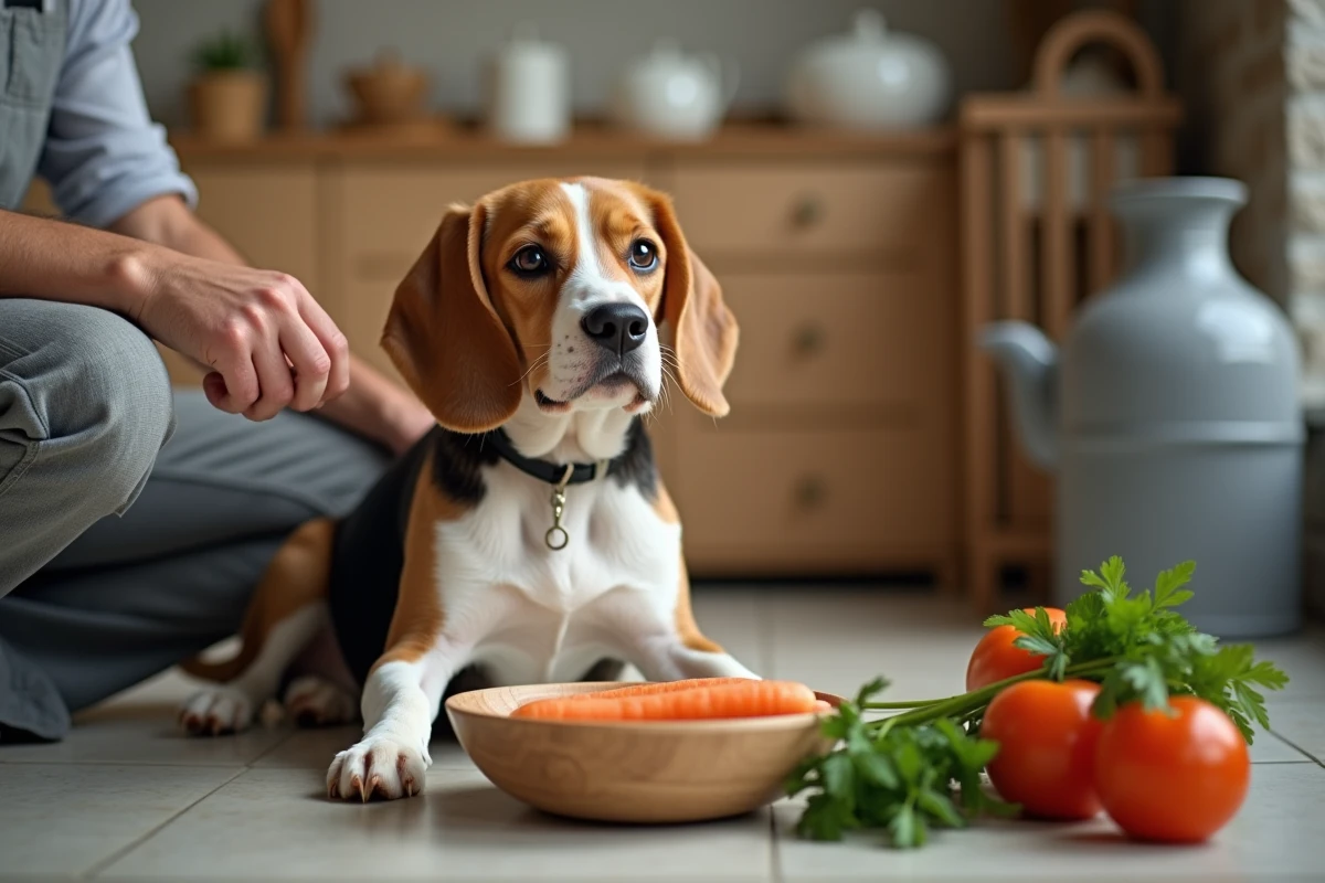 Homme en tablier proposant un morceau de carotte à un beagle dans une cuisine rustique, illustrant l'alimentation naturelle pour améliorer la santé du chien
