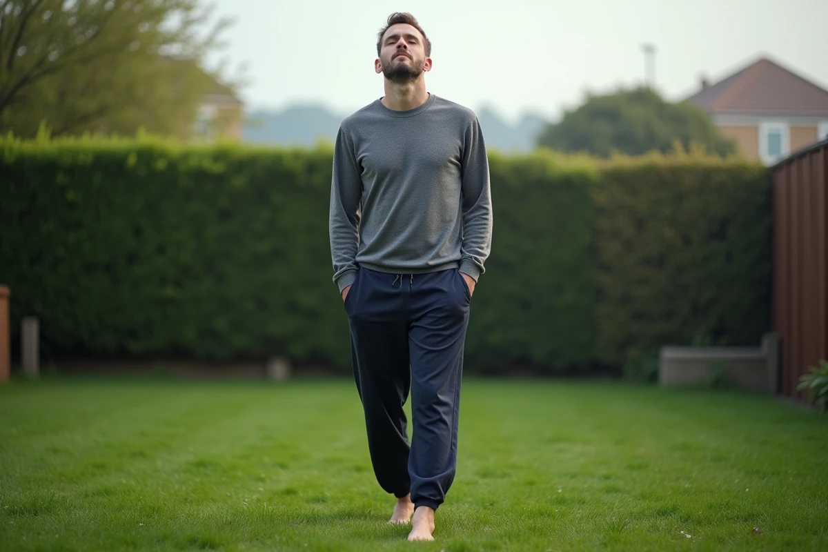 Homme pieds nus dans l'herbe verte pratiquer l'ancrage au sol pour stimuler le système nerveux parasympathique