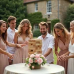 Invités de mariage jouant au Jenga géant lors d'une réception en plein air devant un château