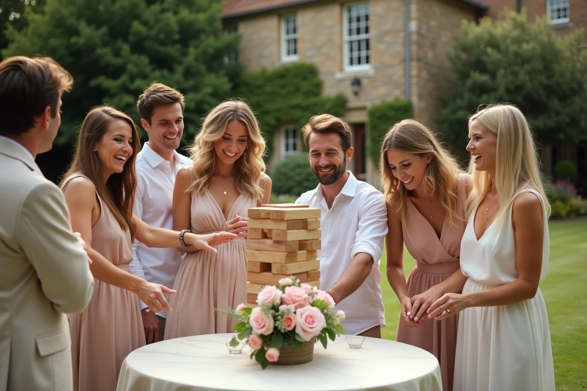 Invités de mariage jouant au Jenga géant lors d'une réception en plein air devant un château