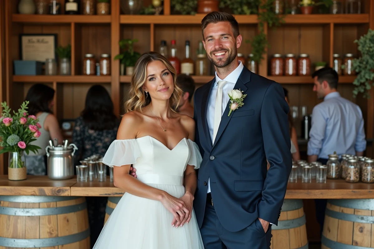 Couple de mariés souriants devant un bar à cocktails DIY décoré dans une grange rustique