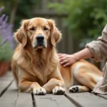 Femme caressant un golden retriever allongé sur une terrasse en bois entourée de plantes de lavande et camomille, illustrant le bien-être naturel du chien