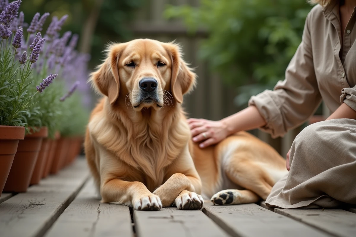 Femme caressant un golden retriever allongé sur une terrasse en bois entourée de plantes de lavande et camomille, illustrant le bien-être naturel du chien