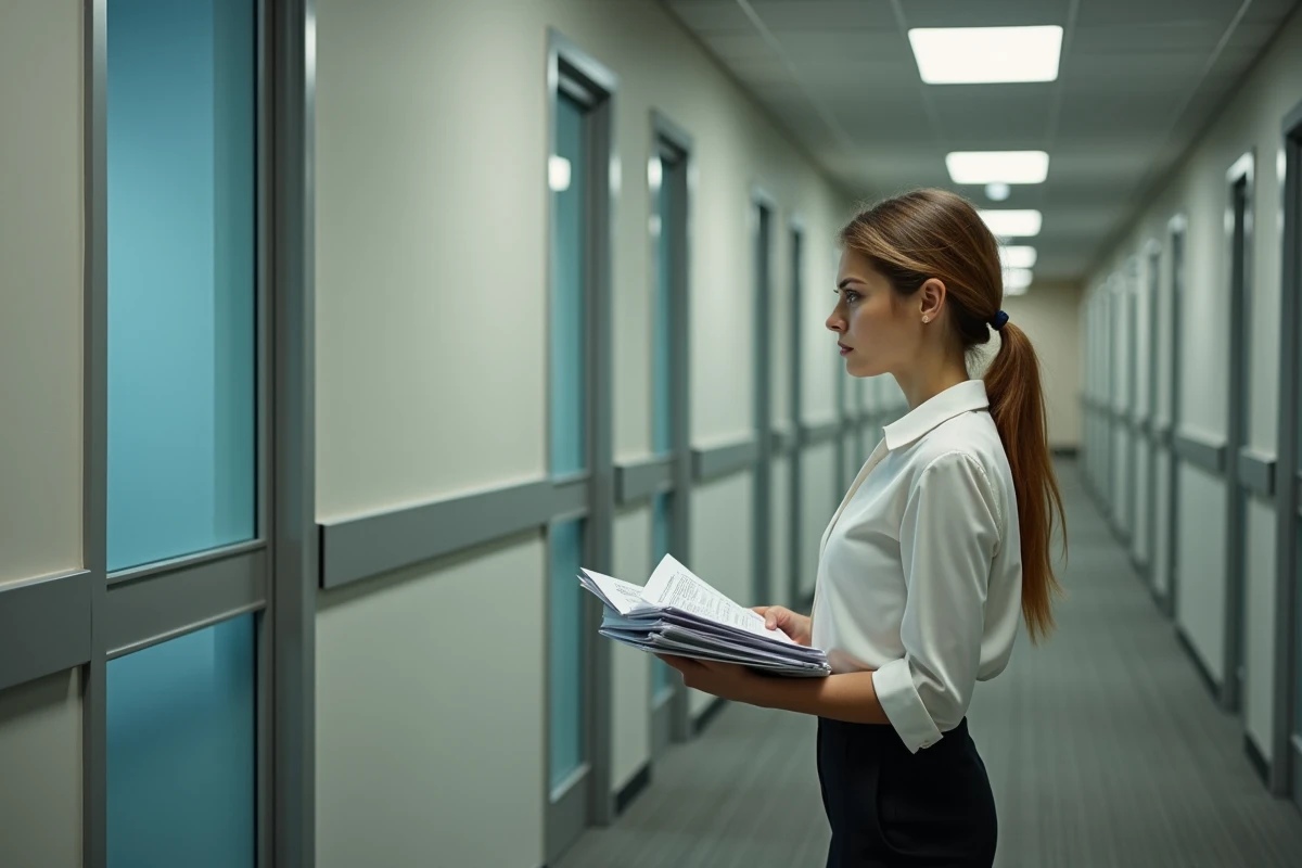 Employée bloquée dans un couloir d'entreprise face à une porte fermée, symbolisant les goulots d'étranglement liés à une structure hiérarchique trop centralisée