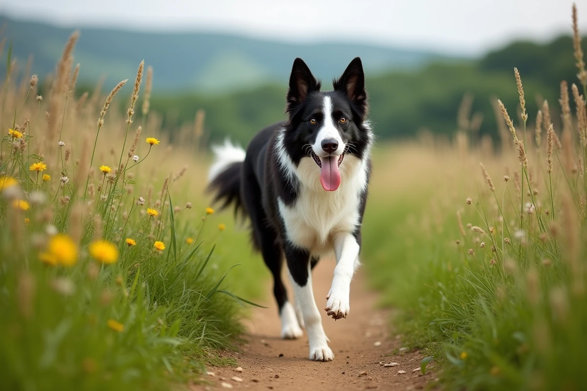 Border collie courant librement dans un sentier de prairie verdoyante avec des fleurs sauvages, symbolisant l'exercice naturel pour le bien-être canin
