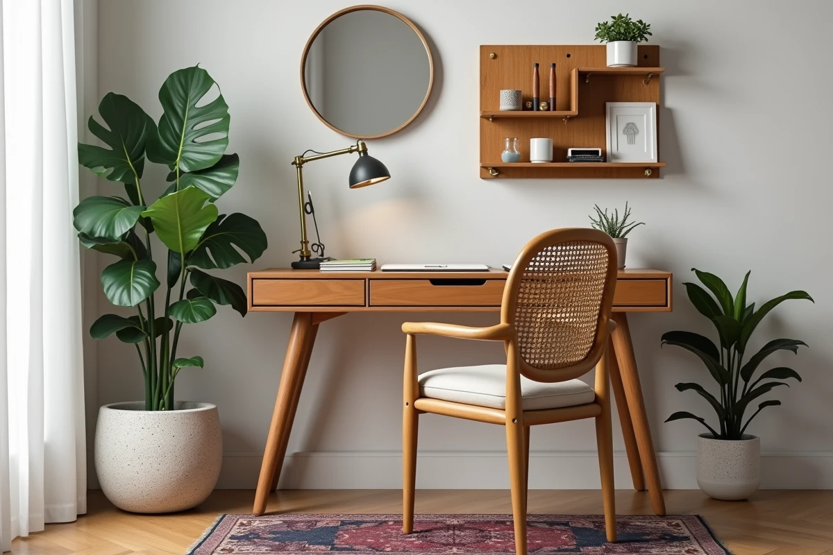 Coin bureau à domicile avec bureau en bois vintage, chaise en rotin et mur organisateur avec plantes et accessoires décoratifs