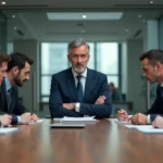 Dirigeant dominant une réunion d'entreprise avec des collaborateurs en retrait, illustrant les limites de la centralisation du pouvoir en organisation