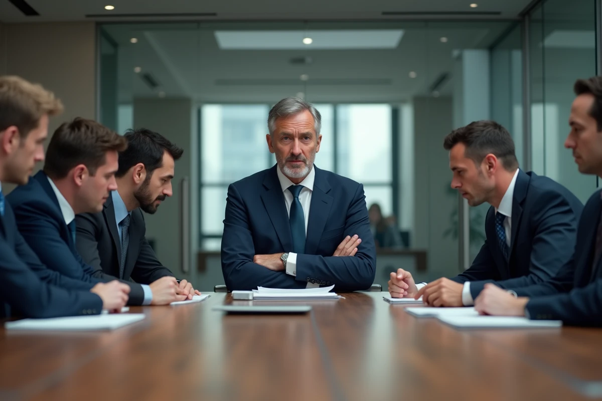 Dirigeant dominant une réunion d'entreprise avec des collaborateurs en retrait, illustrant les limites de la centralisation du pouvoir en organisation
