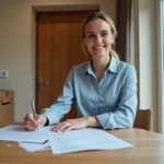 Femme remplissant des documents administratifs pour changer d'agence d'assurance lors d'un déménagement