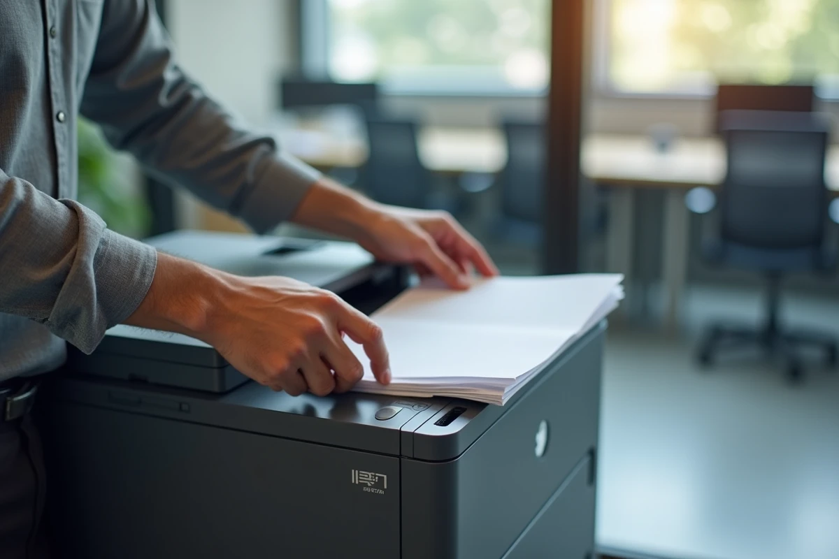Chargement du bac papier d'une imprimante laser multifonction compacte dans un bureau professionnel