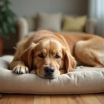 Chien golden retriever épuisé allongé sur son coussin après une séance de toilettage