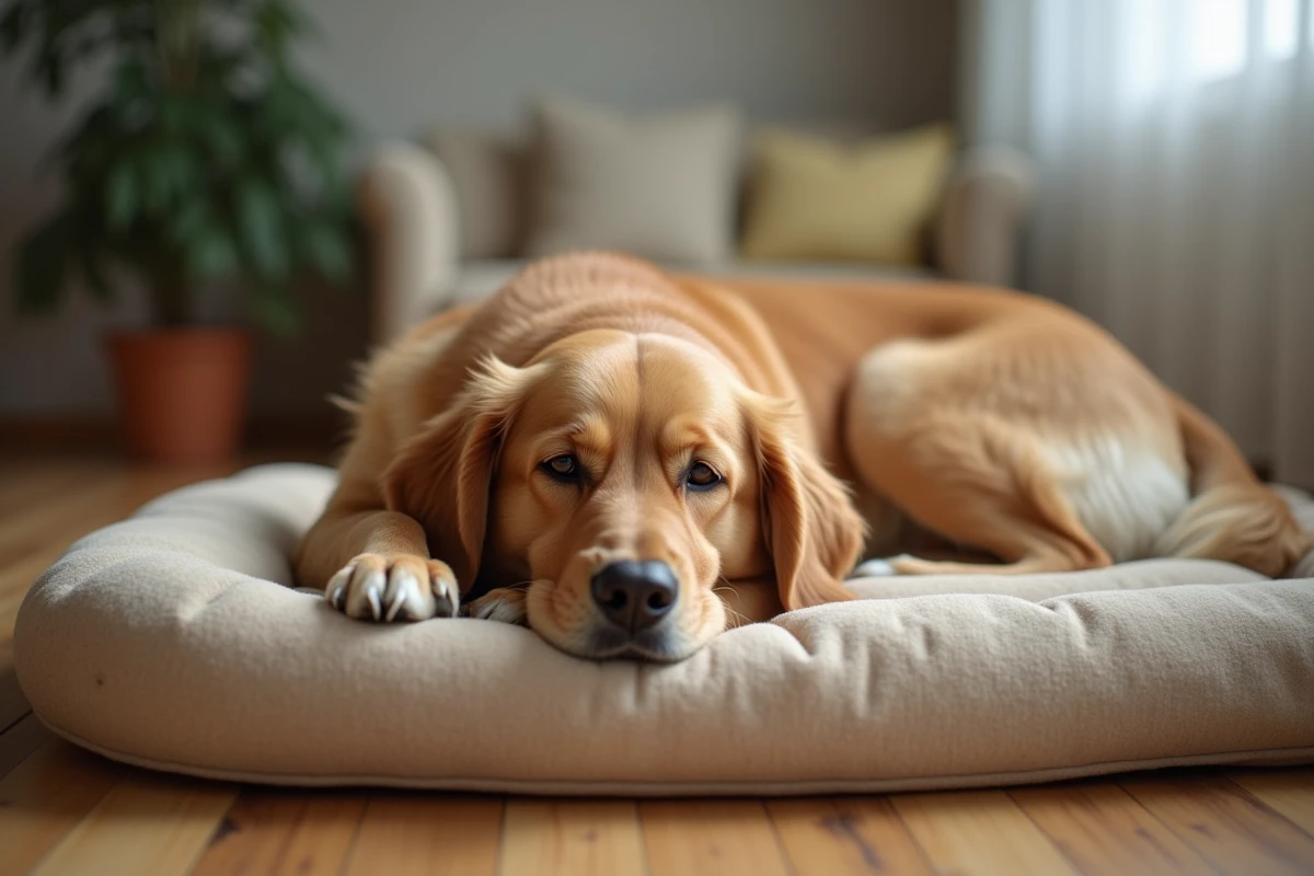 Chien golden retriever épuisé allongé sur son coussin après une séance de toilettage