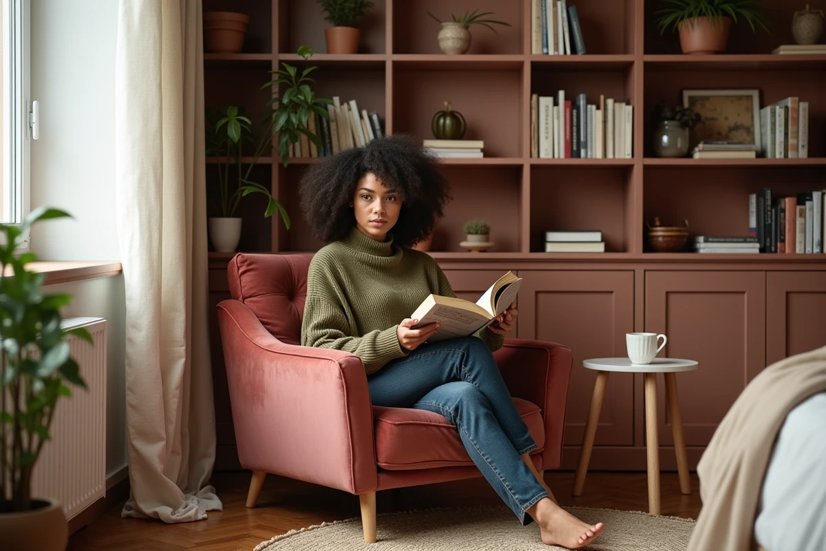 Femme lisant dans un coin lecture cosy avec fauteuil en velours et bibliothèque intégrée dans une chambre décorée avec soin