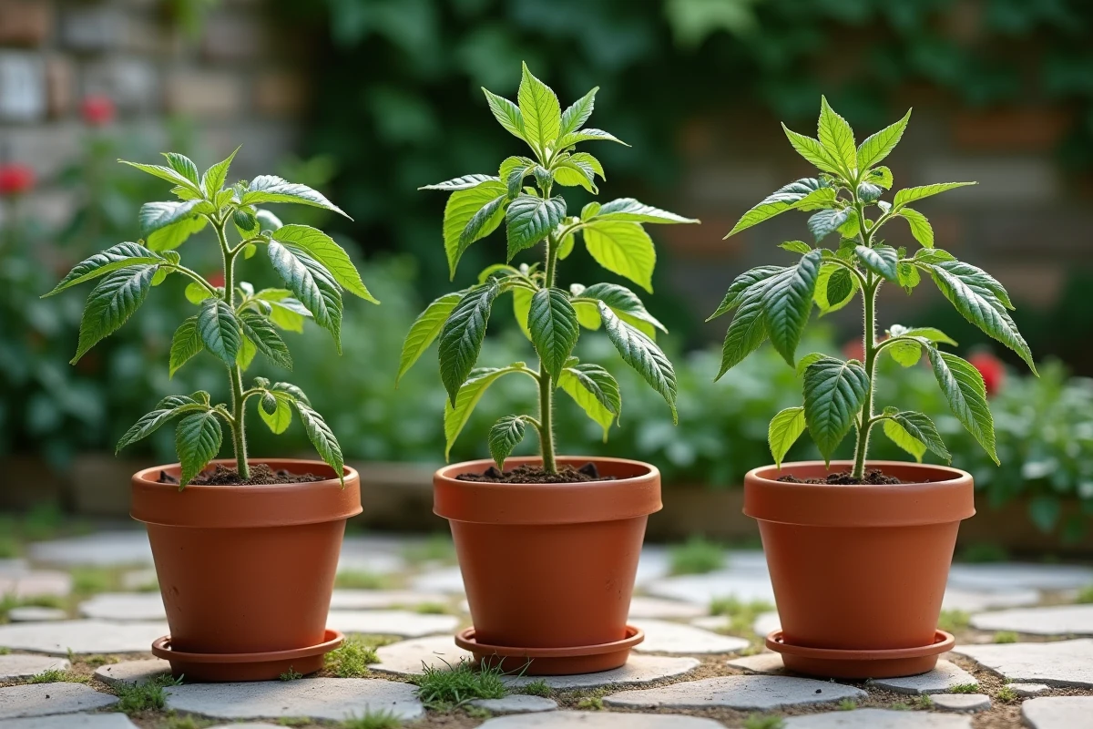 Comparaison de trois plants de tomates en pot présentant différentes carences nutritionnelles visibles sur les feuilles