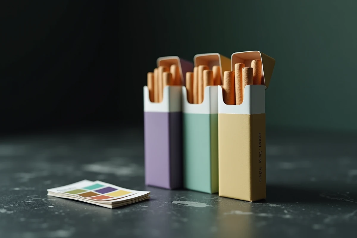 Trois paquets de cigarettes Vogue en or pâle, violet et vert sauge comparés sur ardoise noire