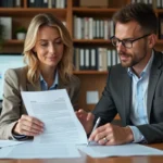 Couple de propriétaires examinant les conditions de prorogation d'un dispositif Scellier intermédiaire sur des documents contractuels