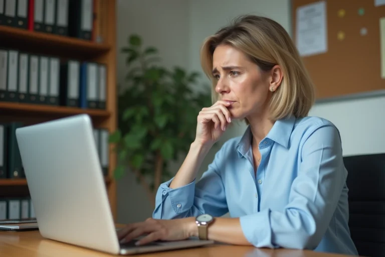 Enseignante face à une erreur de connexion à la messagerie AC Strasbourg sur un ordinateur portable dans un bureau scolaire