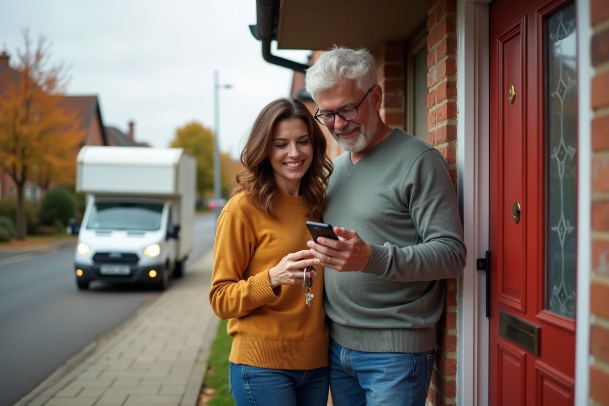 Couple devant leur nouvelle maison consultant leur assurance en ligne après un déménagement réussi