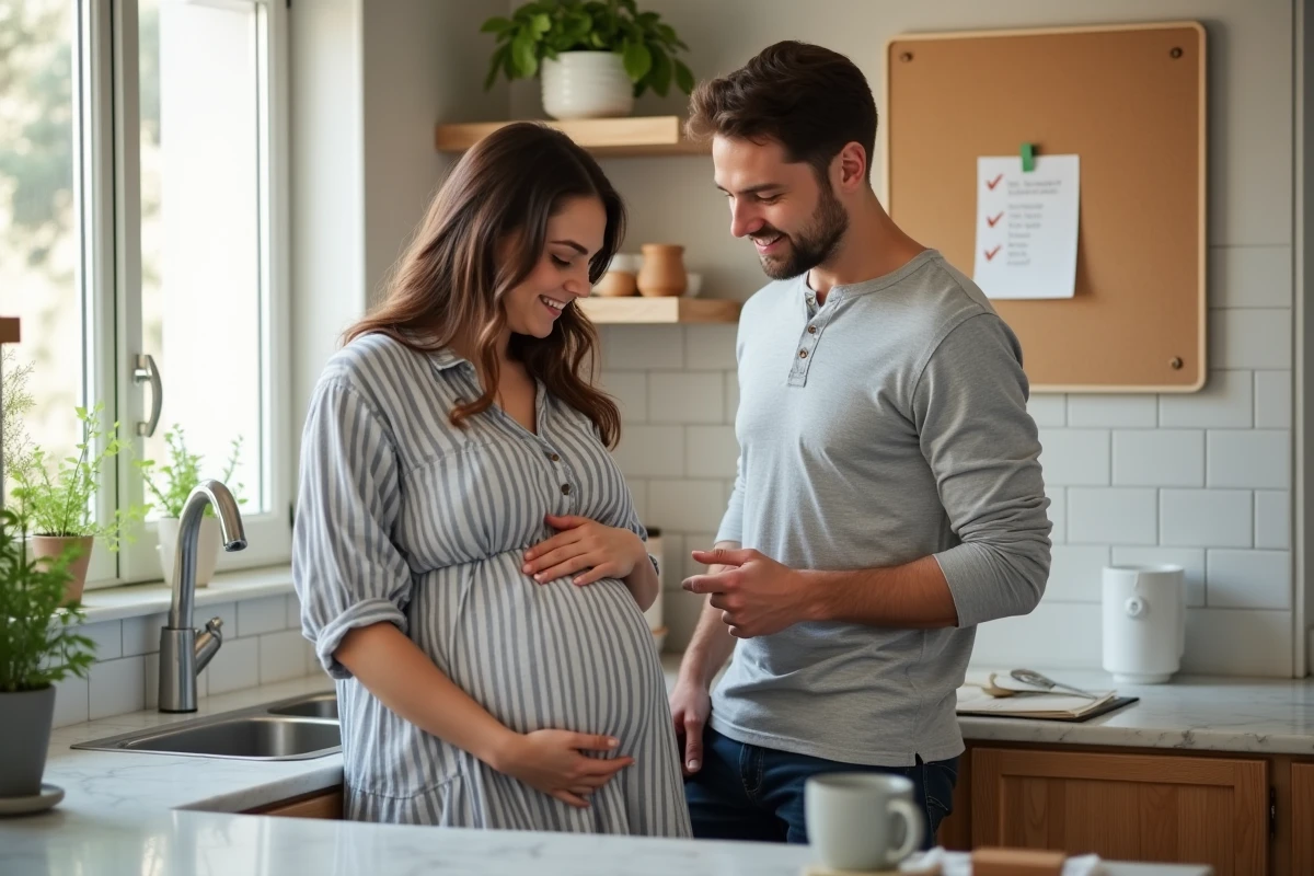 Couple attendant un bébé qui planifie ensemble les préparatifs de la maternité dans une cuisine moderne