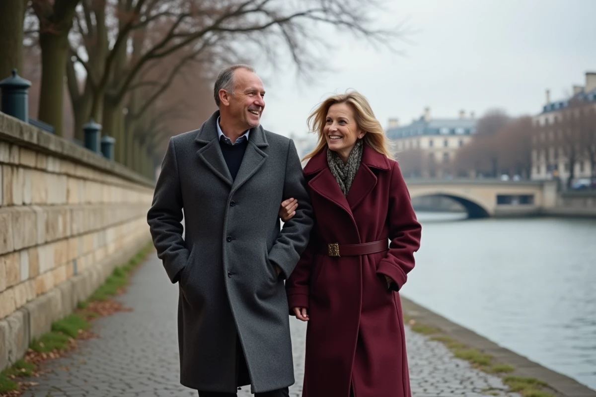 Couple se promenant sur les quais de Seine à Paris en automne, promenade romantique et complice au bord du fleuve