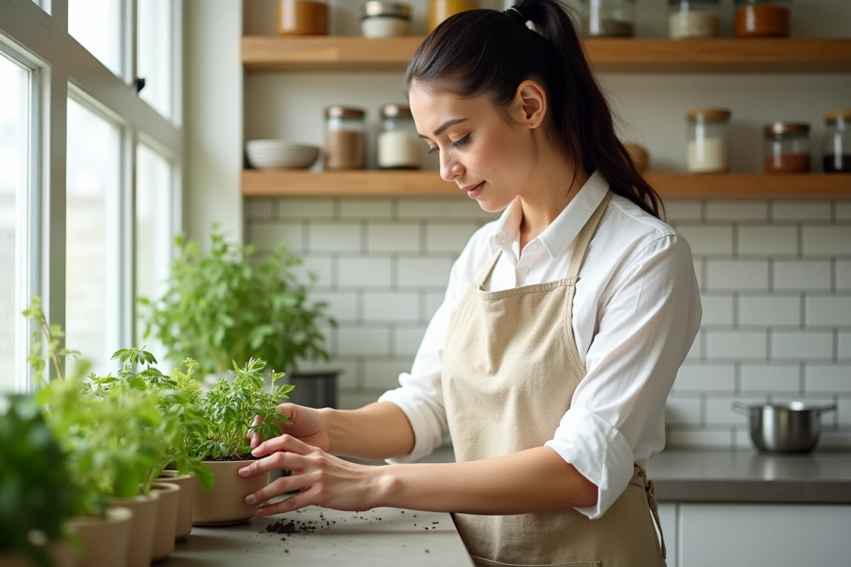 Femme arrangeant des herbes aromatiques en pots sur un rebord de fenêtre dans une cuisine moderne aux étagères en bois ouvertes