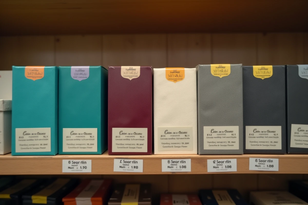 Rangée de paquets de cigarettes de différentes couleurs sur une étagère de bureau de tabac