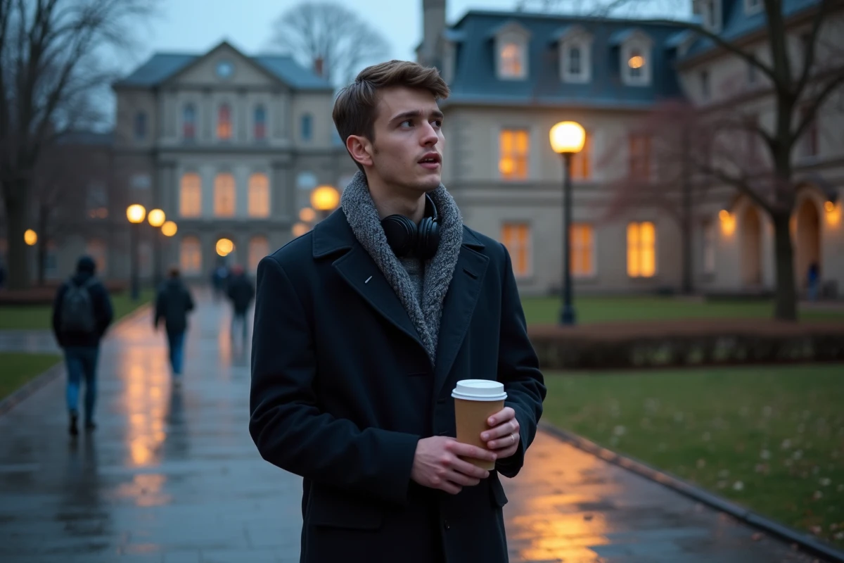 Étudiant surpris par une rencontre inattendue sur un campus universitaire sous la pluie en automne