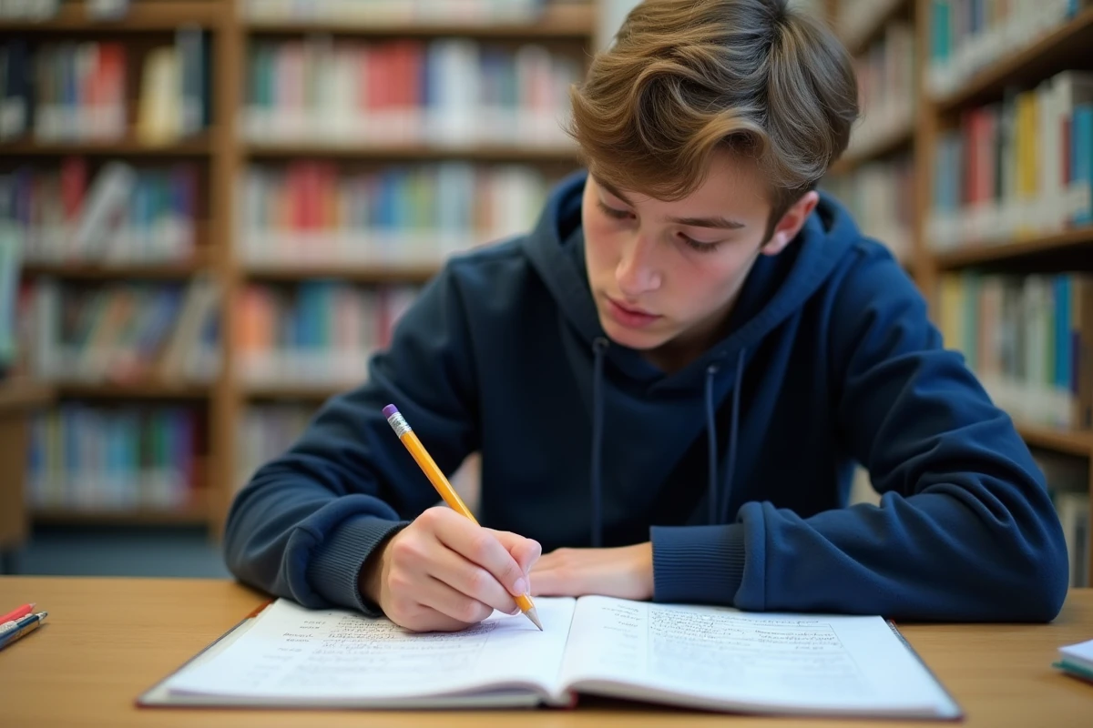Étudiant au lycée utilisant un tableau de conjugaison espagnol imprimé dans une bibliothèque scolaire