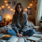 Étudiante universitaire dans sa chambre de résidence entourée de livres et d'un ordinateur portable diffusant un cours en ligne