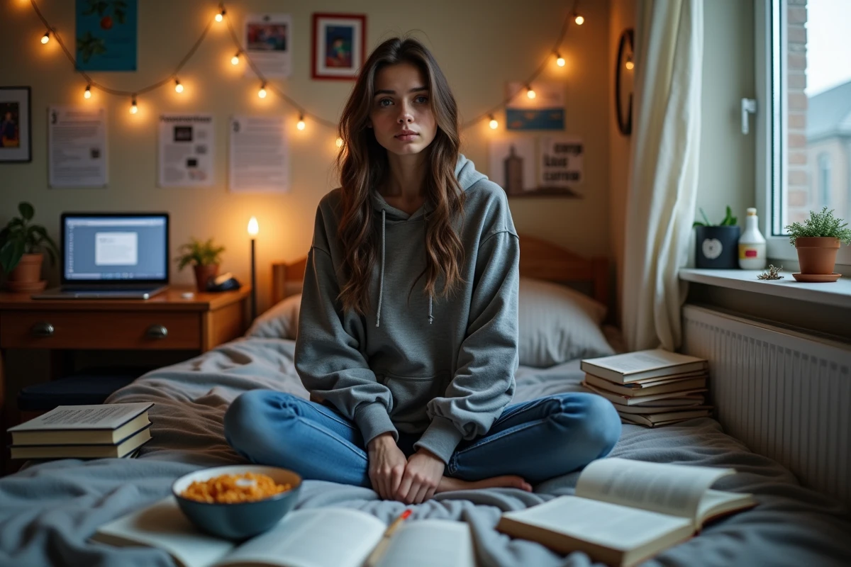 Étudiante universitaire dans sa chambre de résidence entourée de livres et d'un ordinateur portable diffusant un cours en ligne
