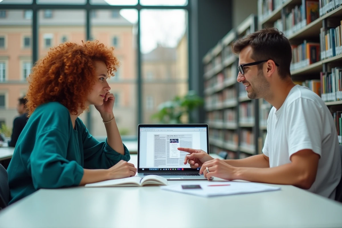 Deux étudiants collaborant sur Framapad pour insérer des images dans un document partagé