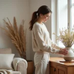 Jeune femme arrangeant un vase de fleurs dans un salon cosy