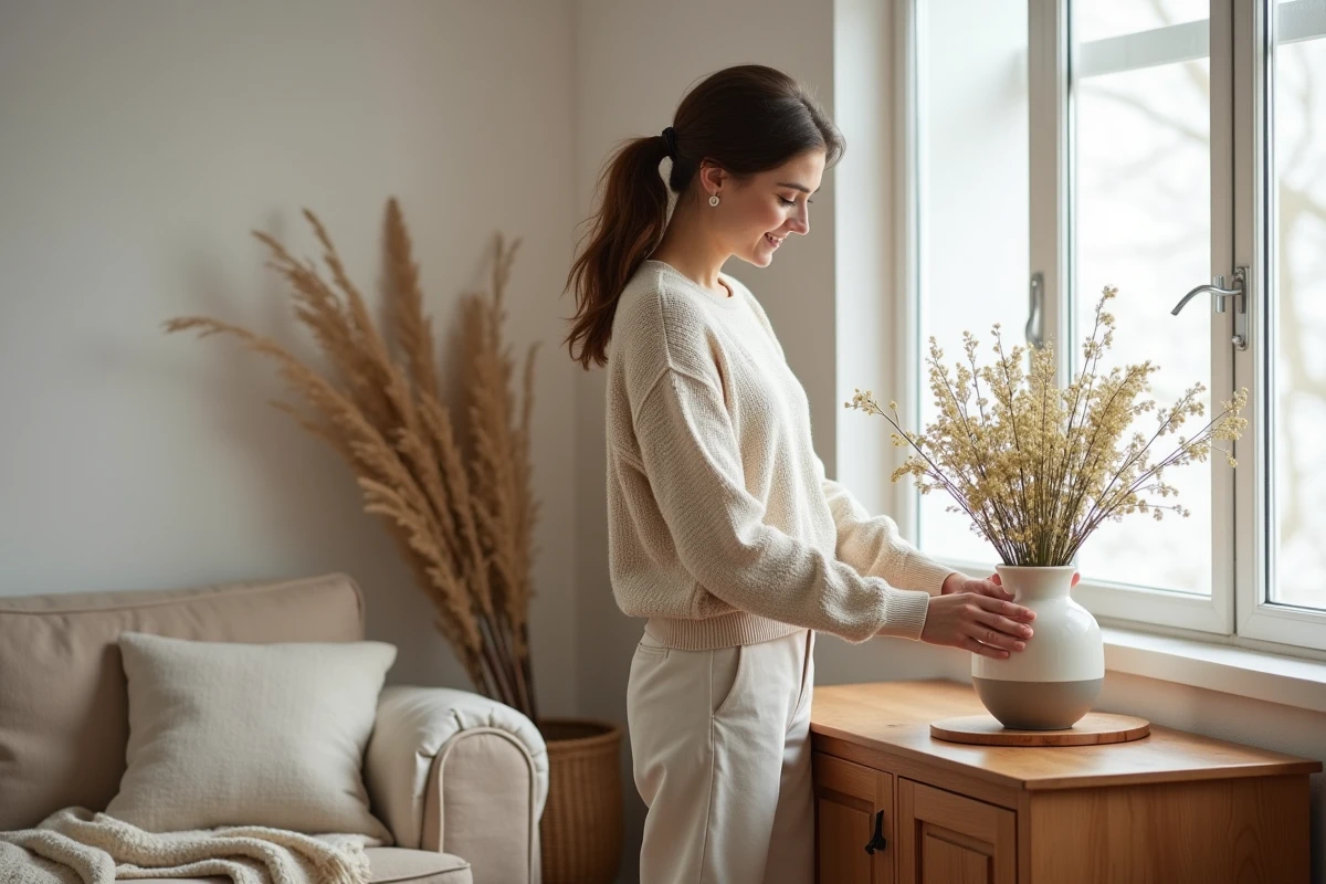 Jeune femme arrangeant un vase de fleurs dans un salon cosy