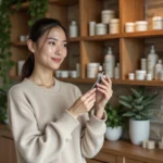 Jeune femme lisant une étiquette de produit de soin naturel