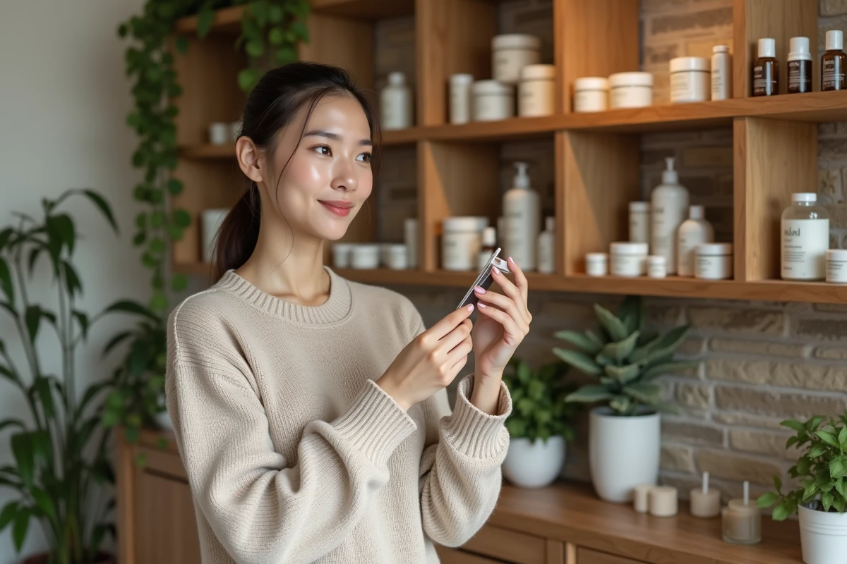 Jeune femme lisant une étiquette de produit de soin naturel