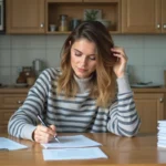 Femme remplissant des papiers de résiliation dans une cuisine moderne