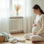 Femme enceinte sereine assise sur un plancher en bois entourée d'accessoires pour bébé dans une chambre minimaliste