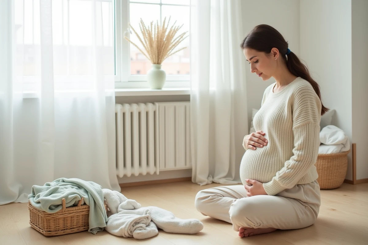 Femme enceinte sereine assise sur un plancher en bois entourée d'accessoires pour bébé dans une chambre minimaliste