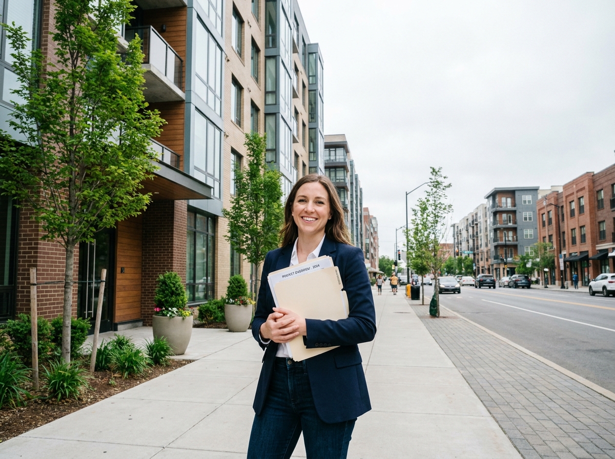 Femme souriante devant un immeuble résidentiel neuf