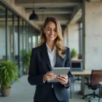 Femme professionnelle souriante avec tablette dans un espace moderne