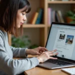 Femme insérant une image dans Framapad sur un ordinateur portable depuis un bureau à domicile