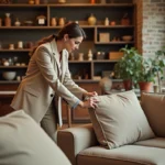 Femme inspectant un canapé modulable Roche Bobois d'occasion dans une boutique de mobilier design de seconde main