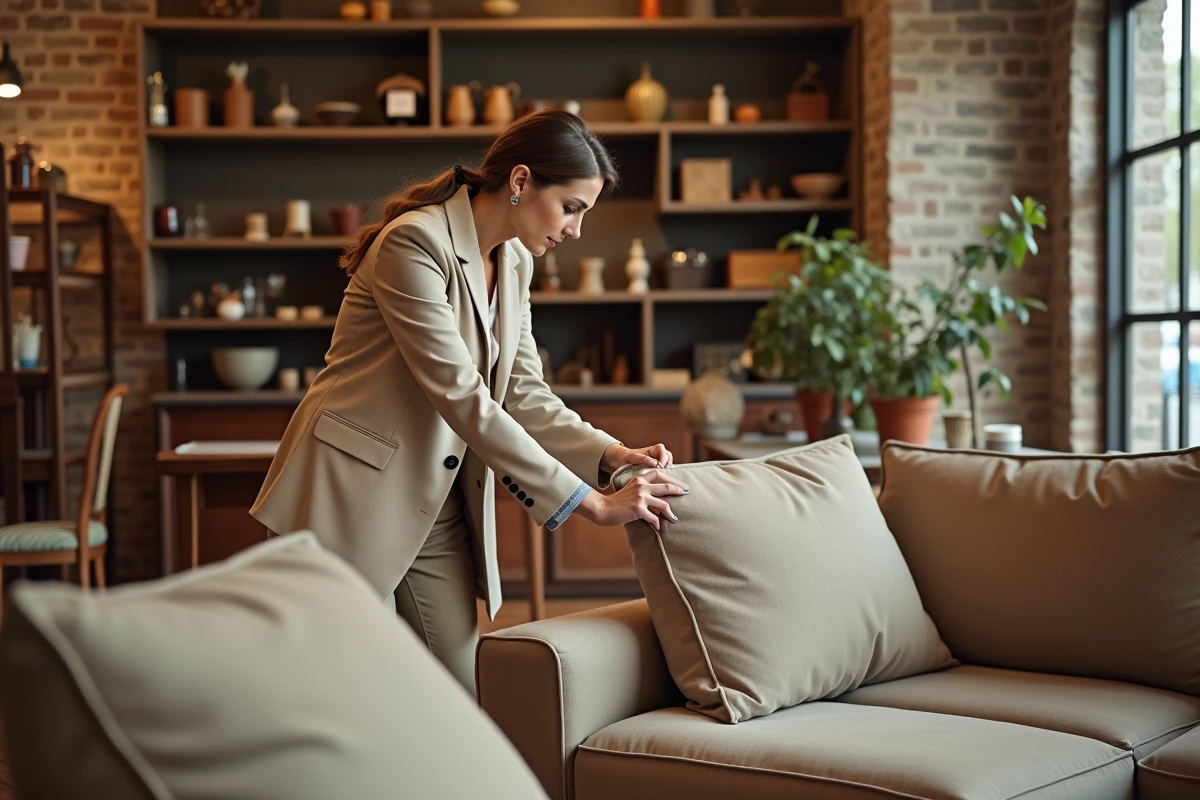 Femme inspectant un canapé modulable Roche Bobois d'occasion dans une boutique de mobilier design de seconde main