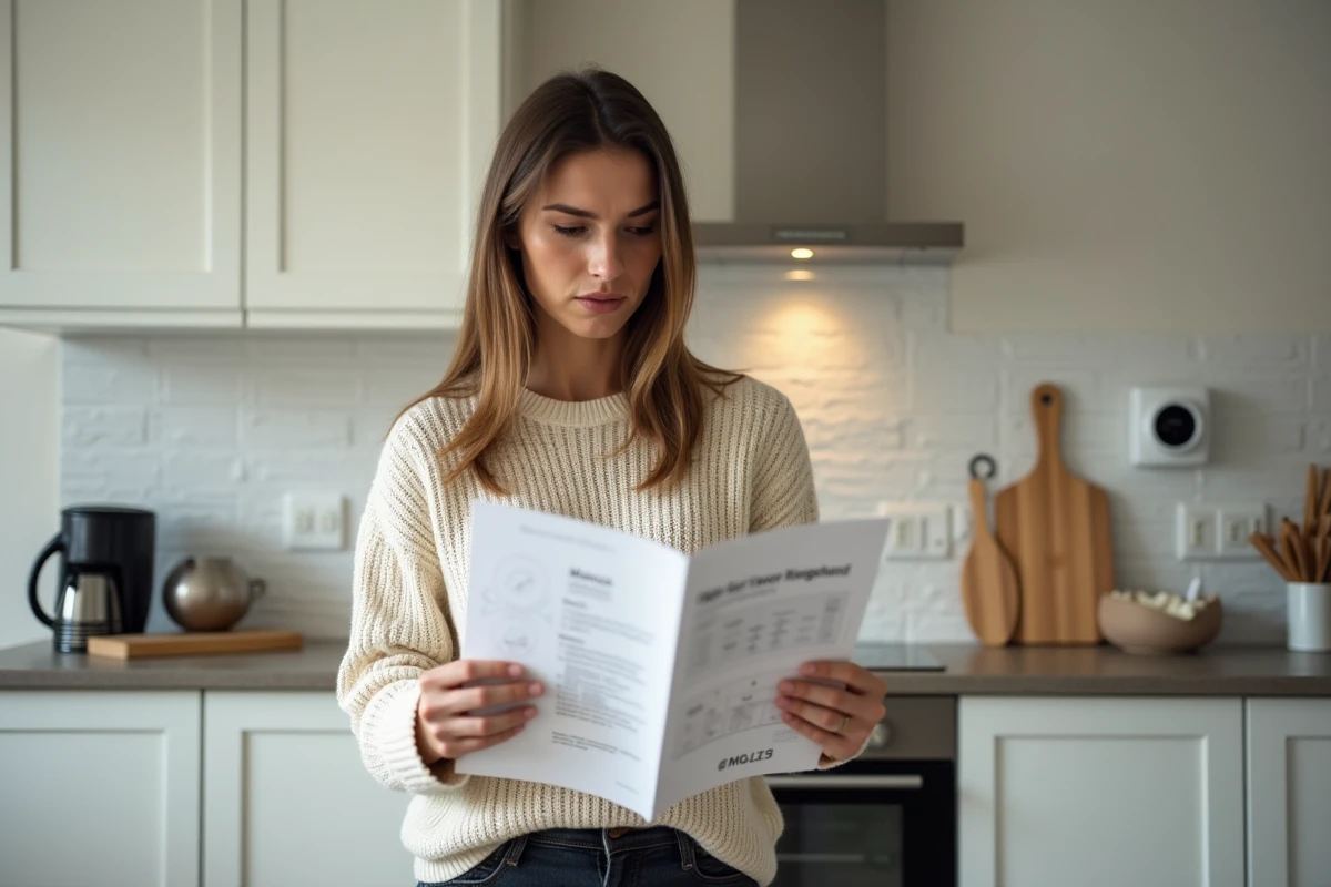 Femme consultant le manuel d'utilisation d'une chaudière lors d'une panne de chauffage
