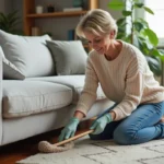 Femme à la mode nettoyant un canapé avec une duster