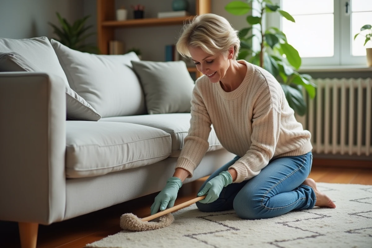Femme à la mode nettoyant un canapé avec une duster