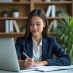 Femme en costume navy travaillant à son bureau moderne