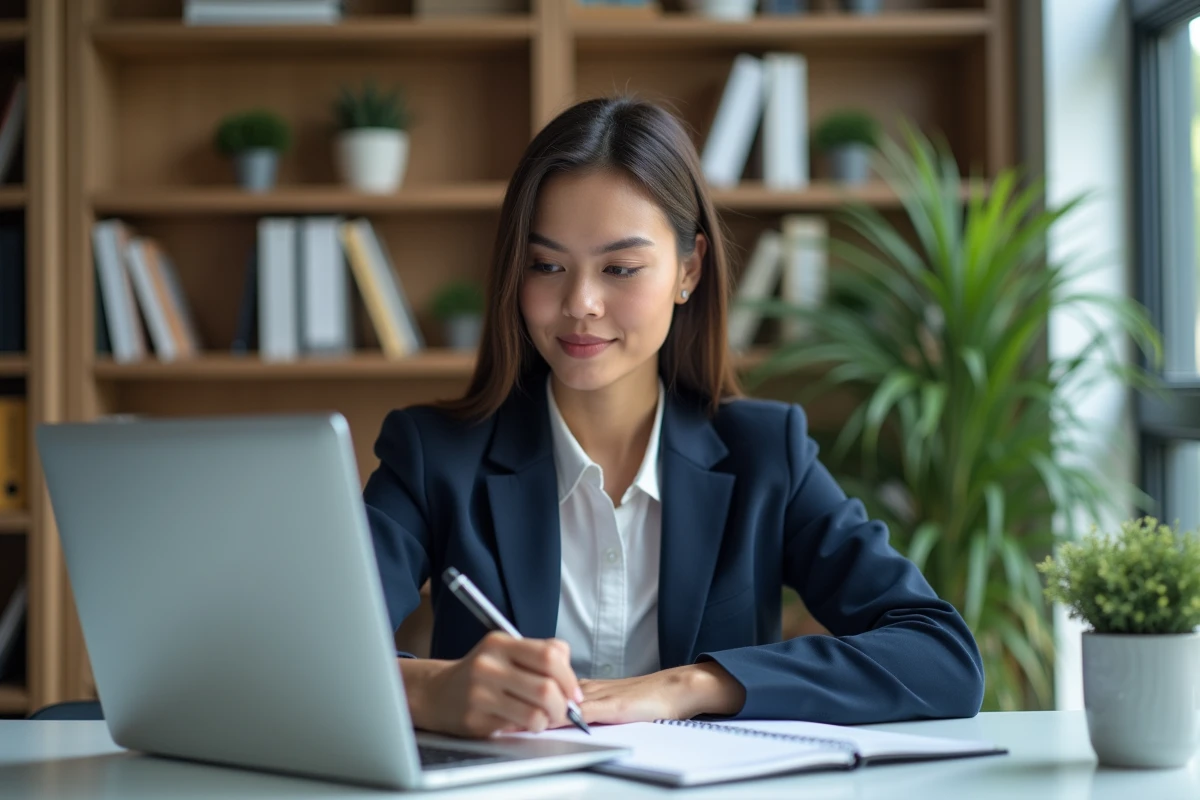 Femme en costume navy travaillant à son bureau moderne