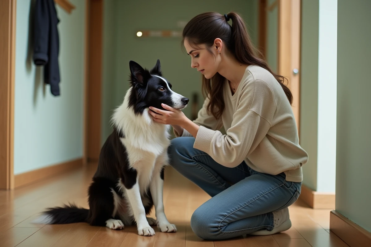 Femme réconfortant son border collie fatigué et déprimé après une séance de toilettage à domicile