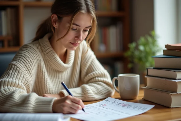 Jeune femme révisant un tableau de conjugaison espagnol imprimé à son bureau à la maison